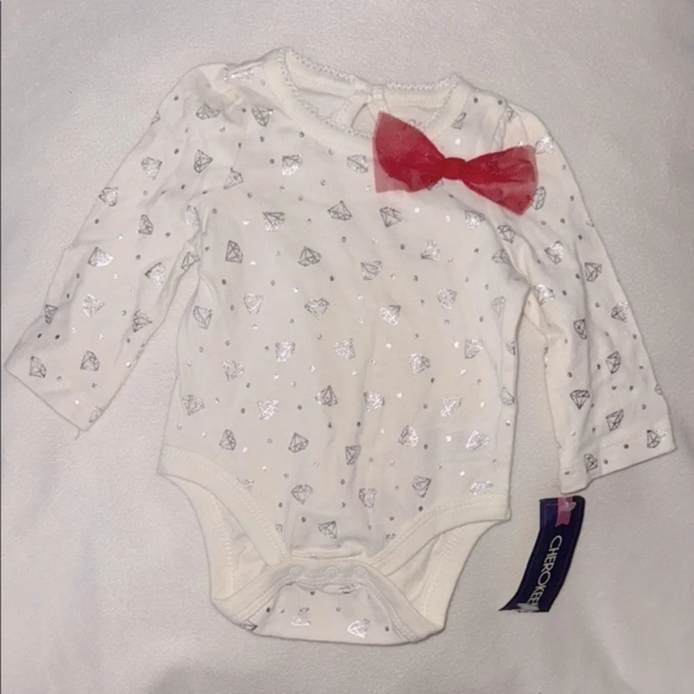 Cherokee White and Red Bodysuit with Red Bow and Silver Diamonds Onesie Newborn